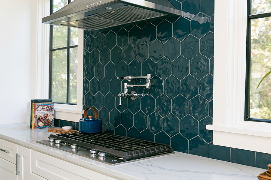 Beautiful hexagon tile kitchen backsplash using Terratinta's Hexa collection in Ocean Wave.
