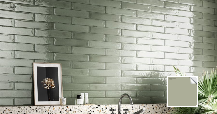 Verde Aqcua tile from the Frammenti Collection tiled on a wall.