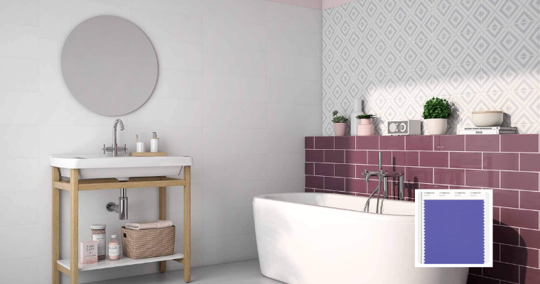 Panetone 2022 Color of the Year, Very Peri, featured on subway tile in a bathroom.
