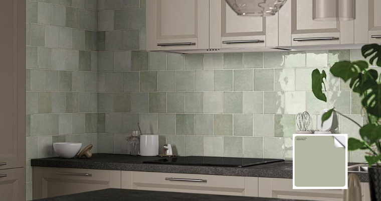 Jade tile from MS International’s Renzo collection on a kitchen backsplash.