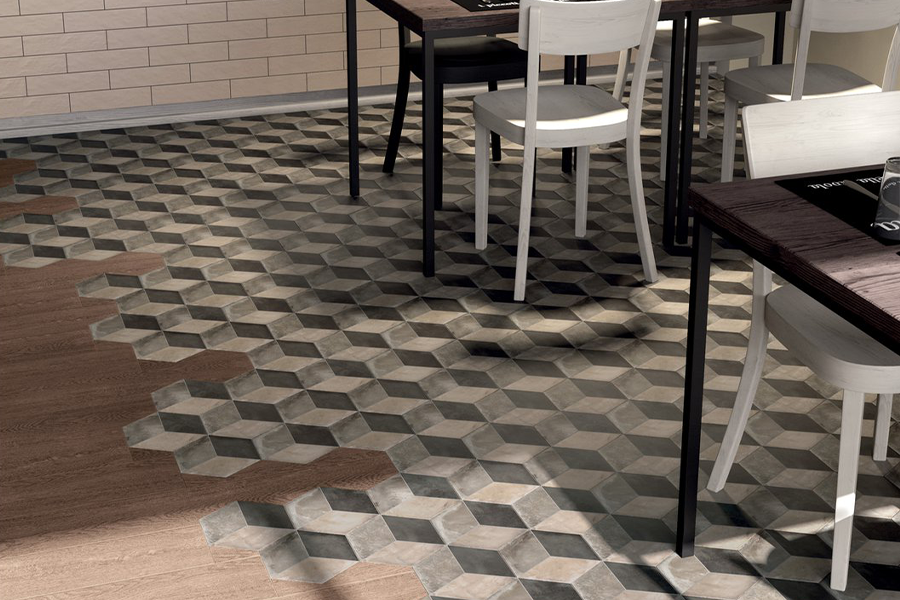 An example of a staggered hexagon tile transition in neutral tones.