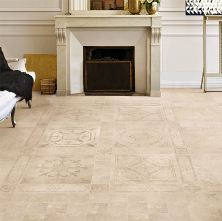 A living room featuring elegant Ergón tiles in front of a modern fireplace.